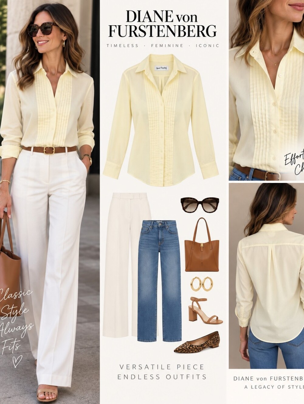 Diane von Furstenberg DVF Pale Yellow Pleated Front Button-Up Blouse Sz 10